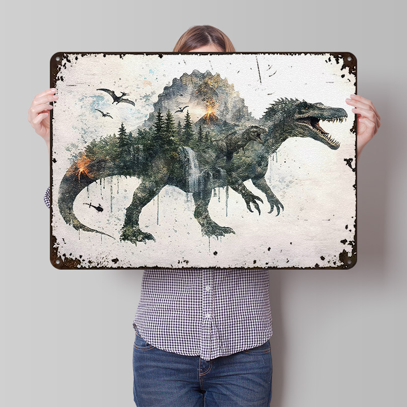 Vintage Gaming Accessories - Poster Logam Spinosaurus Seni Dinding Kustom